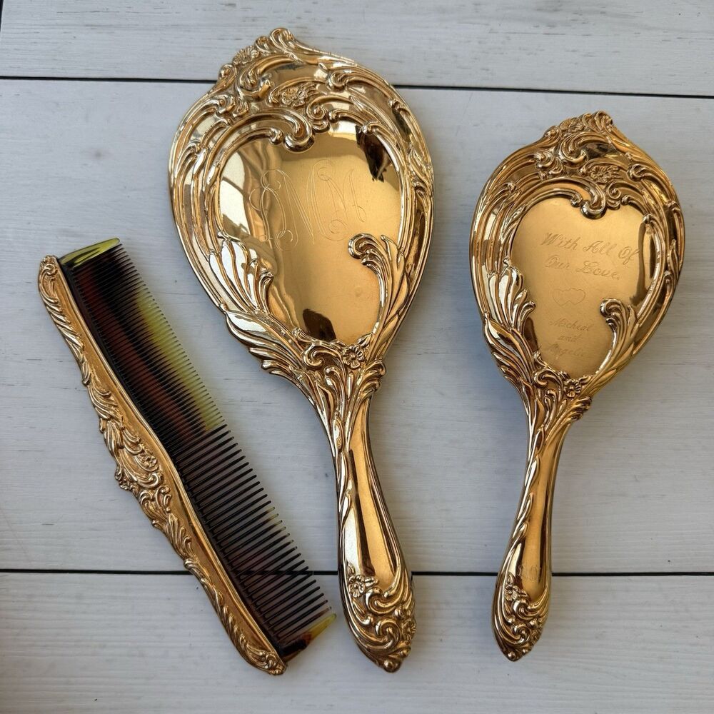 Vintage International Silver Company Gold Plated 3-piece Vanity Set Monogrammed - Picture 3 of 8